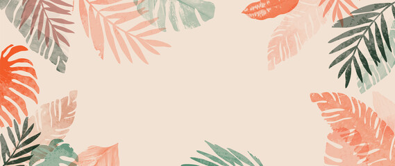 pink summer tropical background vector. palm leaves, monstera leaf, botanical background design for 