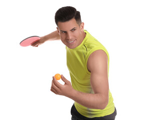 Poster - Handsome man with table tennis racket and ball on white background. Ping pong player