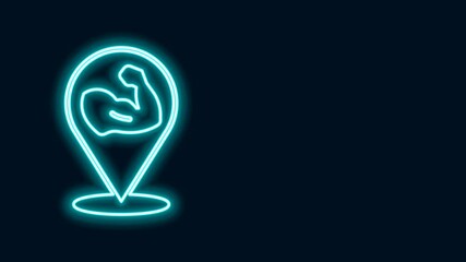 Sticker - Glowing neon line Bodybuilder showing his muscles icon isolated on black background. Fit fitness strength health hobby concept. 4K Video motion graphic animation