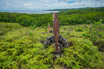 WW2 war ruin, broken Zero fighter on middle of the hill in Ngaremlengui state in Palau, Oceania