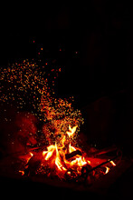 Burning Red Hot Sparks Fly From Large Fire In The Night Sky. Beautiful Abstract Background On The Theme Of Fire, Light And Life. 
Fiery Orange Glowing Flying Away Particles Over Black Background.