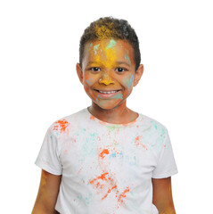 Wall Mural - African American boy covered with colorful powder dyes on white background. Holi festival celebration