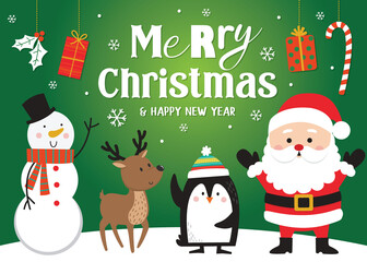 Wall Mural - Cute Christmas characters with typography Merry Christmas on green background