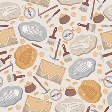 Fossil Fish And Dinosaurs Skeletons And Plants, Maps, Compass, Coins, Brushes, And Archeology Tools Vector Flat Seamless Pattern. Stone Sections With Bones And Prehistoric Herbs On Beige Background.