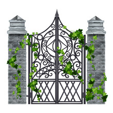 Iron Wrought Vector Gate, Old Vintage Metal Grate, Gray Brick Stone Pillars, Green Ivy Leaf, Climber Plant. Mansion Door, Vintage Gothic Garden Entrance Isolated On White. Victorian Iron Gate, Liana
