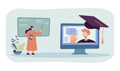 Poster - Teacher talking to student on huge computer screen. Graduation hat on monitor, woman in glasses at blackboard flat vector illustration. Online education, university concept for banner, website design