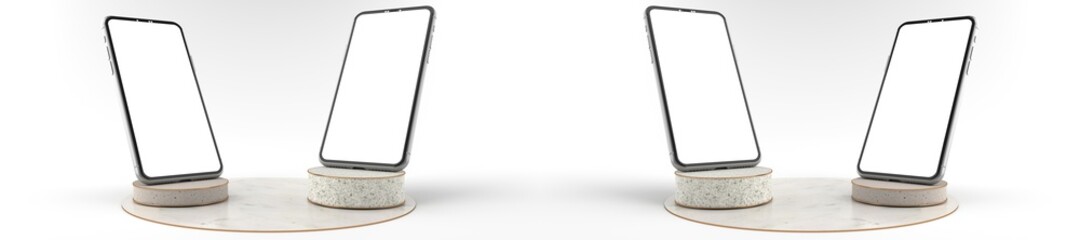 Wall Mural - 3d rendering of the smartphones white screen on round marble pedestal, mobile phone mockup tilted to