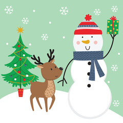 Wall Mural - Cute snowman and reindeer, vector illustration