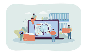 Poster - Tiny people with organized documents and laptop with files. Character searching through archive flat vector illustration. Information, database concept for banner, website design or landing web page
