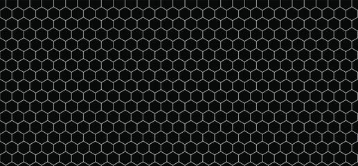 Vector Minimalistic Seamless Hexagon Pattern, Outline Technology Pattern, Dark Background Template, Black and White.
