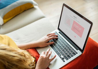 Wall Mural - caucasian woman using computer laptop