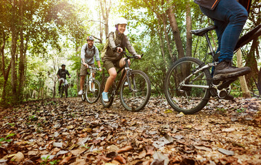 Poster - Group of friends ride mountain bike in the forest together