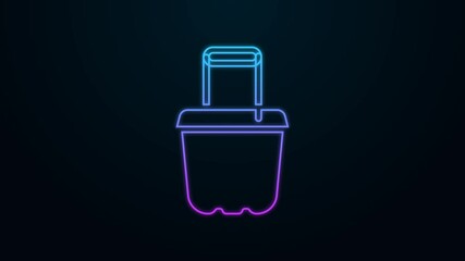 Poster - Glowing neon line Sand in bucket icon isolated on black background. Plastic kid toy. Summer icon. 4K Video motion graphic animation