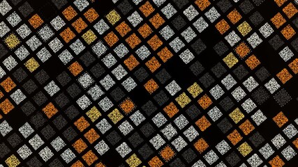 Aufkleber - Technological background with parallel rows of orange, yellow, white, and black square shaped QR codes. Animation. Many same size QR codes on black background, seamless loop.