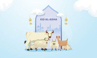 Wall Mural - Happy Eid Al-Adha with illustration of the sacrificial animal of goat, sheep and cow