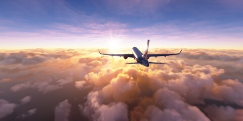 Wall Mural - commercial airplane flying towards the sun. flight over blurry clouds during sunset. the plane refle