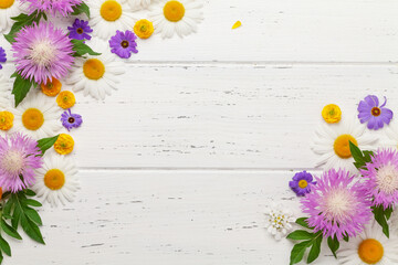 Wall Mural - Various colorful garden flowers over wooden background