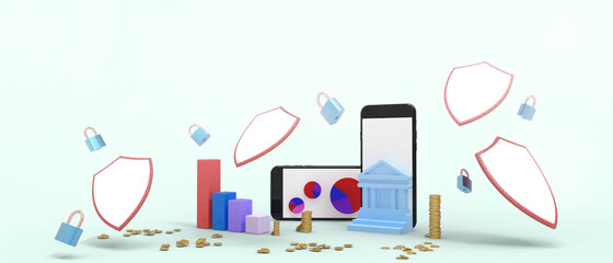 Poster - Protection Network data and Analytics Online Banking. Safe and secure with Shield Workplace Concept on blue background. success, copy space, digital, banner, website -3d Rendering