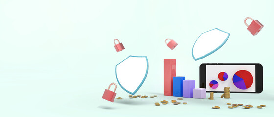 Aufkleber - Protection Network data and Analytics. Safe and secure with stock trading and Shield Concept on blue background. success, copy space, digital, banner, website -3d Rendering