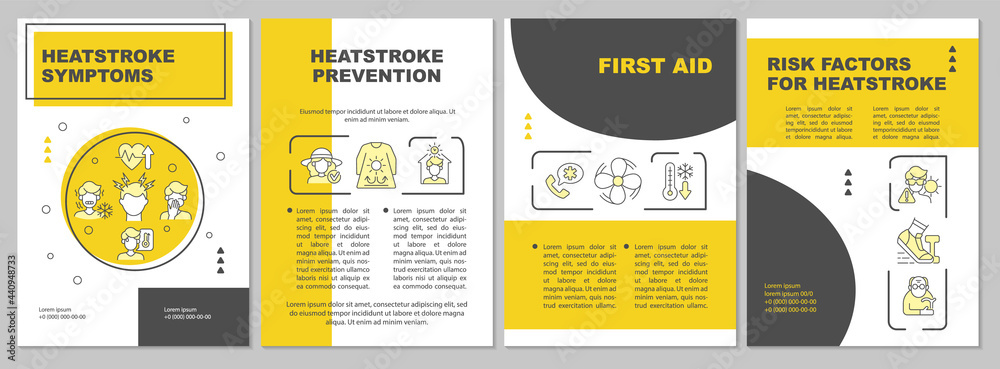 Heatstroke symptoms brochure template. Sun stroke prevention. Flyer, booklet, leaflet print, cover design with linear icons. Vector layouts for presentation, annual reports, advertisement pages - obrazy, fototapety, plakaty 