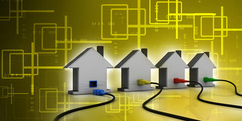 Poster - 3d rendering Network connection, internet communication and computer technology concept, closeup view of curved ethernet cable plug connector connected house
