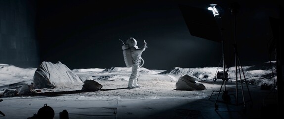 Wall Mural - wide male actor in astronaut suit making selfie on a moon lunar movie shooting set. shot with 2x ana