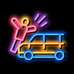 Wall Mural - pedestrian hit by car neon light sign vector. Glowing bright icon pedestrian hit by car sign. transparent symbol illustration