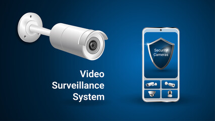 Mobile phone with an app for video surveillance systems. Realistic CCTV camera. Protective shield on the smartphone screen. Safety preservation concept. 3d vector