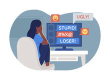 Teenager And Cyberbullying Problem 2D Vector Isolated Illustration. Suffering Teen Girl In Front Of Computer Screen Flat Characters On Cartoon Background. Teenager Problem Colourful Scene