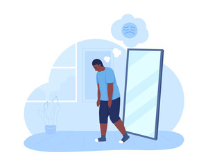 Poster - overweight sad teenage boy 2d vector isolated illustration. mental health issue. teen with depressin