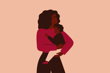 Wall Mural - African American Business woman holds her baby with love and care. Strong mother cuddles her child and looking forward. Vector illustration