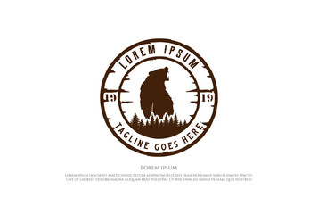 Wall Mural - Pine Cedar Spruce Conifer Fir Evergreen Larch Cypress Hemlock Trees Forest with Roaring Ice Polar Grizzly Bear for Outdoor Camping Adventure Logo Design Vector