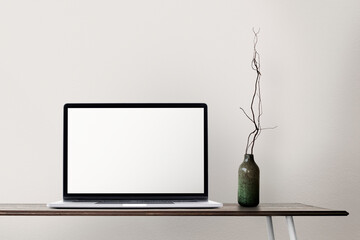 Wall Mural - Laptop with blank screen on a desk minimal home office zone design