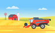 Wheat farm harvester working in village rural landscape, agriculture work vector illustration. Cartoon agricultural farmer machine harvesting on countryside farmland field with barn, mill background