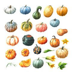 Big pumpkins or squash with leaves and flowers set. Watercolor hand drawn illustration, isolated  on white background