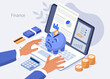 Character typing on laptop with financial report on screen. Accountant managing budget and making savings. Saving money and economy concept. Flat isometric vector illustration.
