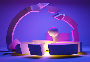 Poster - Background with an arch for product demonstration. Three-dimensional arch in neon light. Arb-abstract arch is composed of geometric debris. Broken pedestal on purple background. Geometric texture 3d