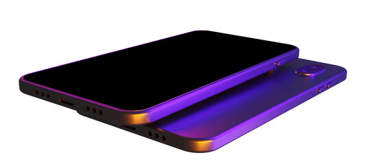 Poster - Visual concept phone design. Two smartphones are on top of each other. Realistic smartphones with black screen. Purple smartphone design with dual camera. Phone display front view mock up. 3d image