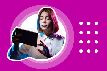 Poster - Woman with a tablet computer in her hands. Graphic password on gadget - concept. Dots on screen as metaphor for entering password on tablet. She needs to enter graphic password for authorization.