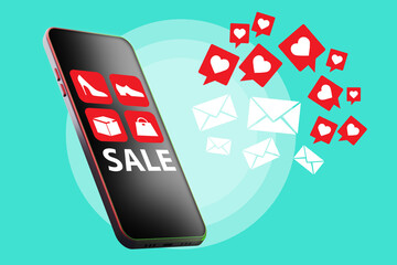 Poster - apps store in smartphone screen. phone with application and online store. sales through mobile app. 