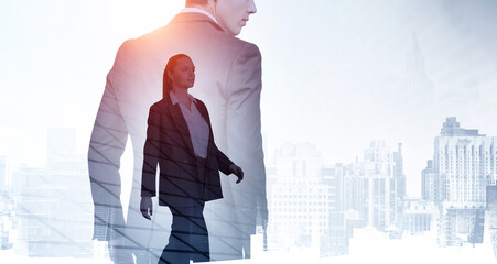 Sticker - Silhouettes of two professional business people rushing and looking for solutions in abstract office with New York skyscrapers city view at sunset. Business development concept. Double exposure