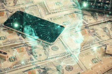 Double exposure of brain drawing over us dollars bill background. Technology concept.