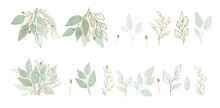 Vector Big Set Botanic Elements - Wildflowers, Herbs, Leaf. Green And Gold Collection Garden And Wild Foliage, Flowers, Herbal Branch. Vector Arrangements For Greeting Card Or Invitation Design.