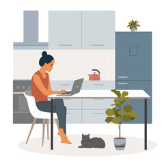 Wall Mural - Young  woman sitting on the chair  and working with laptop in the kitchen. Cat is lying under the table. Vector flat illustration