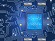 Computer Processor Technology. CPU chip and circuit board. Blue microprocessor background.
