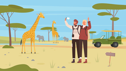 People couple tourists, safari tour vacation in Africa vector illustration. Cartoon man character taking selfie photo with mobile phone camera, elephant giraffe animals in nature landscape background