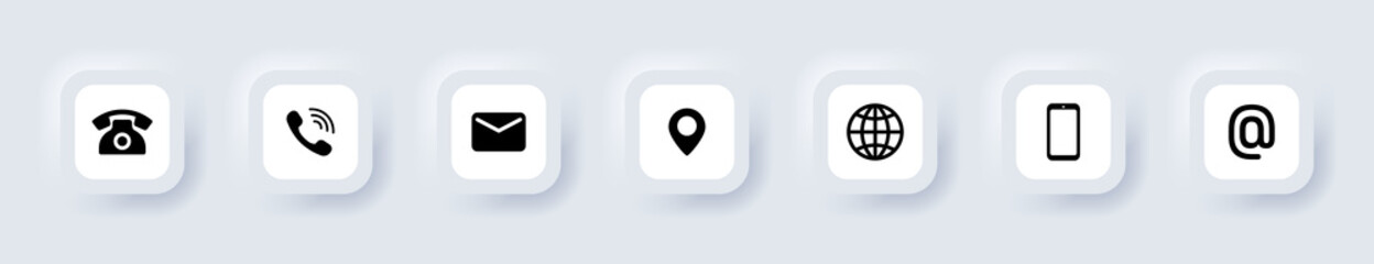 Poster - Contact us icon set. Communication symbol for your web site design, logo, app. Mail, phone, globe, address, com, email. Neumorphic UI UX white user interface web button. Neumorphism. Vector EPS 10