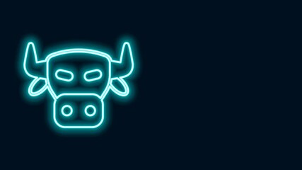 Wall Mural - Glowing neon line Cow head icon isolated on black background. 4K Video motion graphic animation