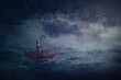 Person sailing alone the ocean on an umbrella boat, looking for shore. Surreal scene with a storm over the sea. Fantastic adventure concept. Business despair metaphor, conquering and facing adversity