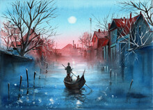 Watercolor Illustration Of A Gondola With A Gondolier Sailing Along The Canal Of An Old Town At Dusk, With Houses On Either Side And Highlights From The Moon Reflected In The Water